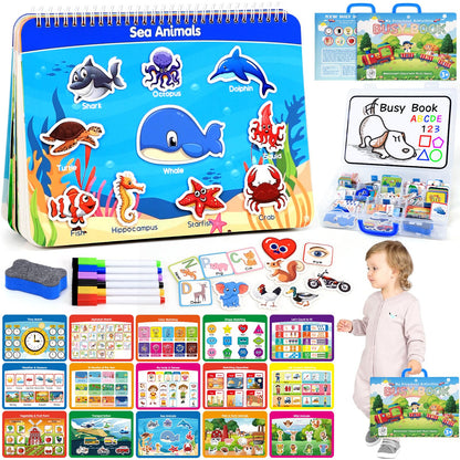 HarVow Busy Book with Classified Storage Box & Double-Sided Writing Board, 15 Themes Montessori Preschool Learning Activities, Pre-Assembled Ready