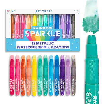 Ooly Rainbow Sparkle Metallic Watercolor Gel Crayons, Set of 12, Glitter Gel Markers for Kids and Toddlers, Colorful Twistable Crayons for Drawing