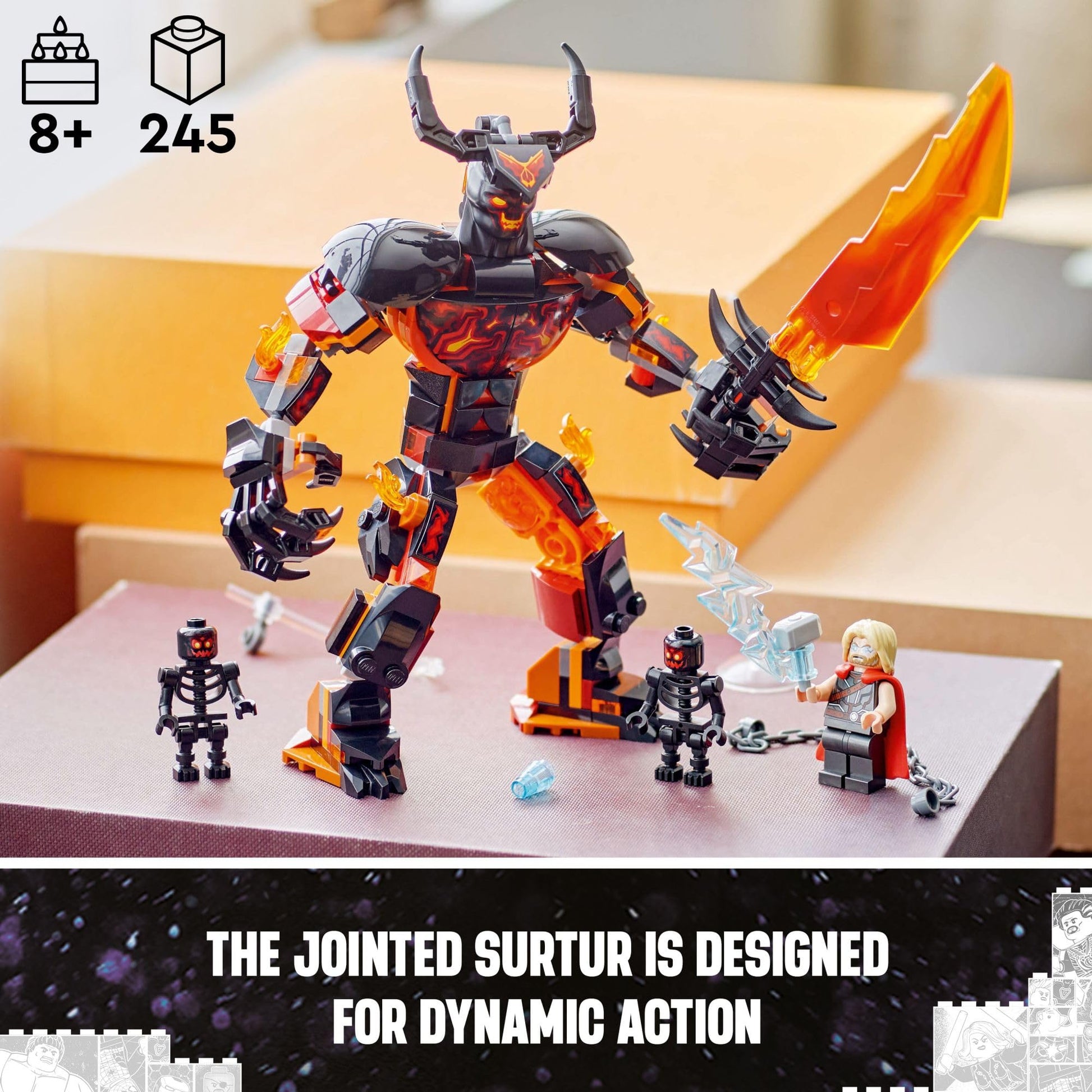 LEGO Marvel Thor vs. Surtur Construction Figure, Buildable Thor Super Hero Toy for Kids, Marvel Action Figure Playset with 3 Minifigures, Gift for