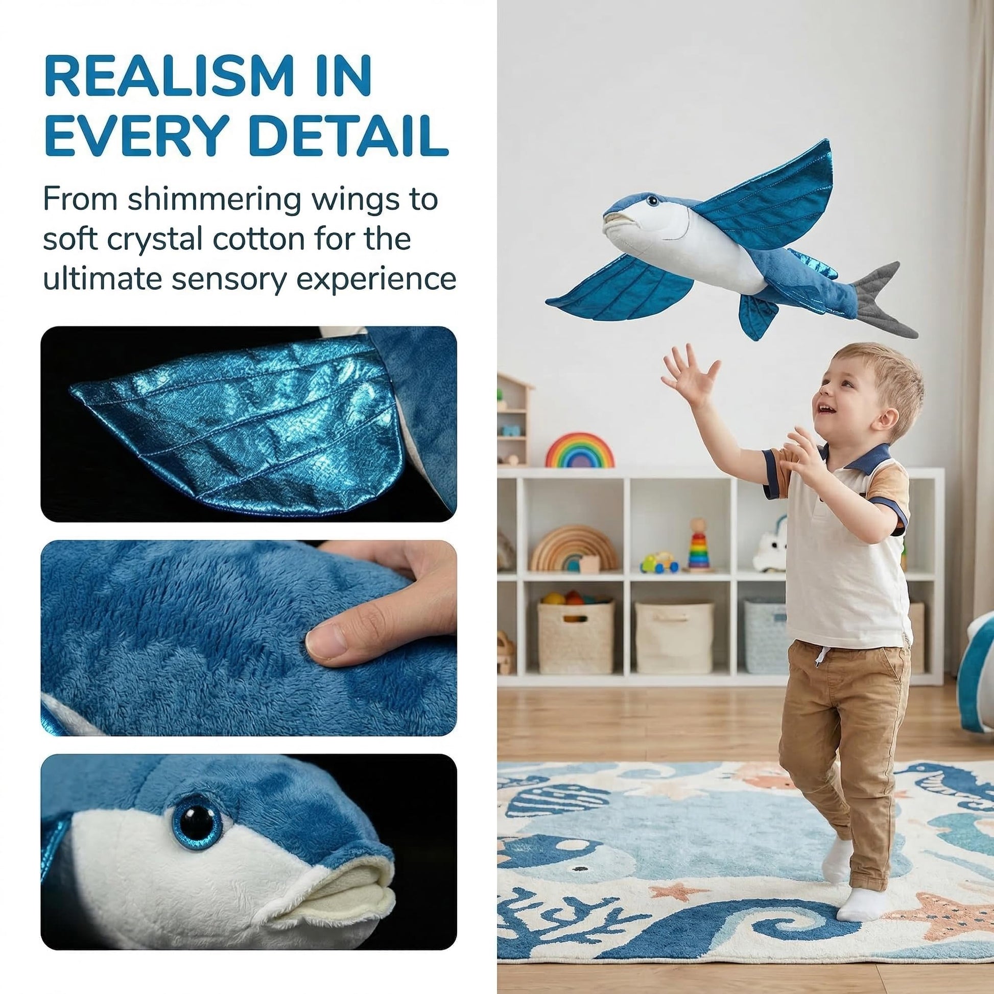 Frankiezhou Home Realistic Flying Fish Stuffed Animals - Simulation 18.5" Blue Lifelike Flying Fish Plush Toy, Super Soft Sea Creatures Model Plush
