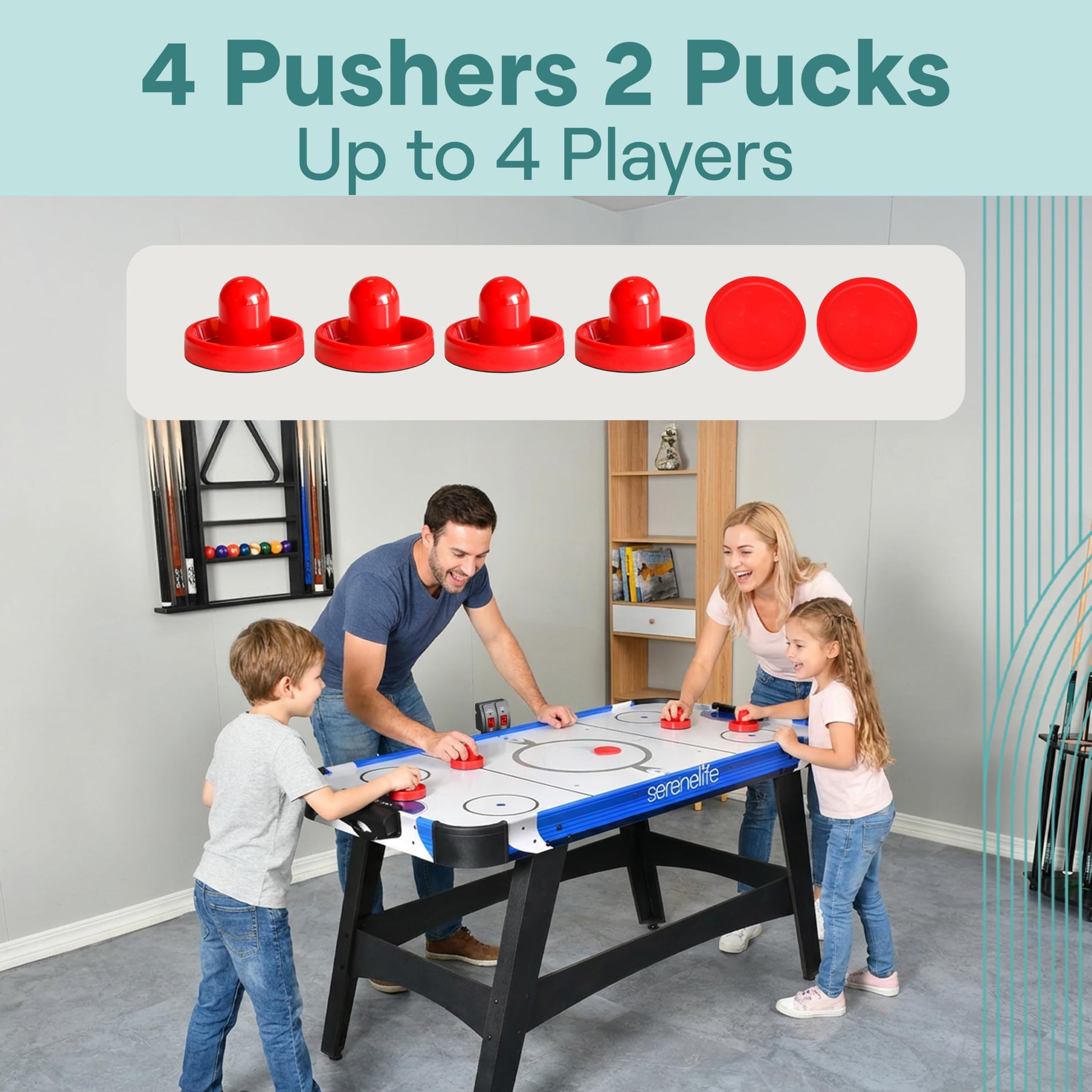 SereneLife 58in Powered Air Hockey Table Upgraded 700mA 12v 2X Powerful Motor, 4 Player 4 Pucks 2 Pushers, Full-Size Arcade Style, Inline Power Switch