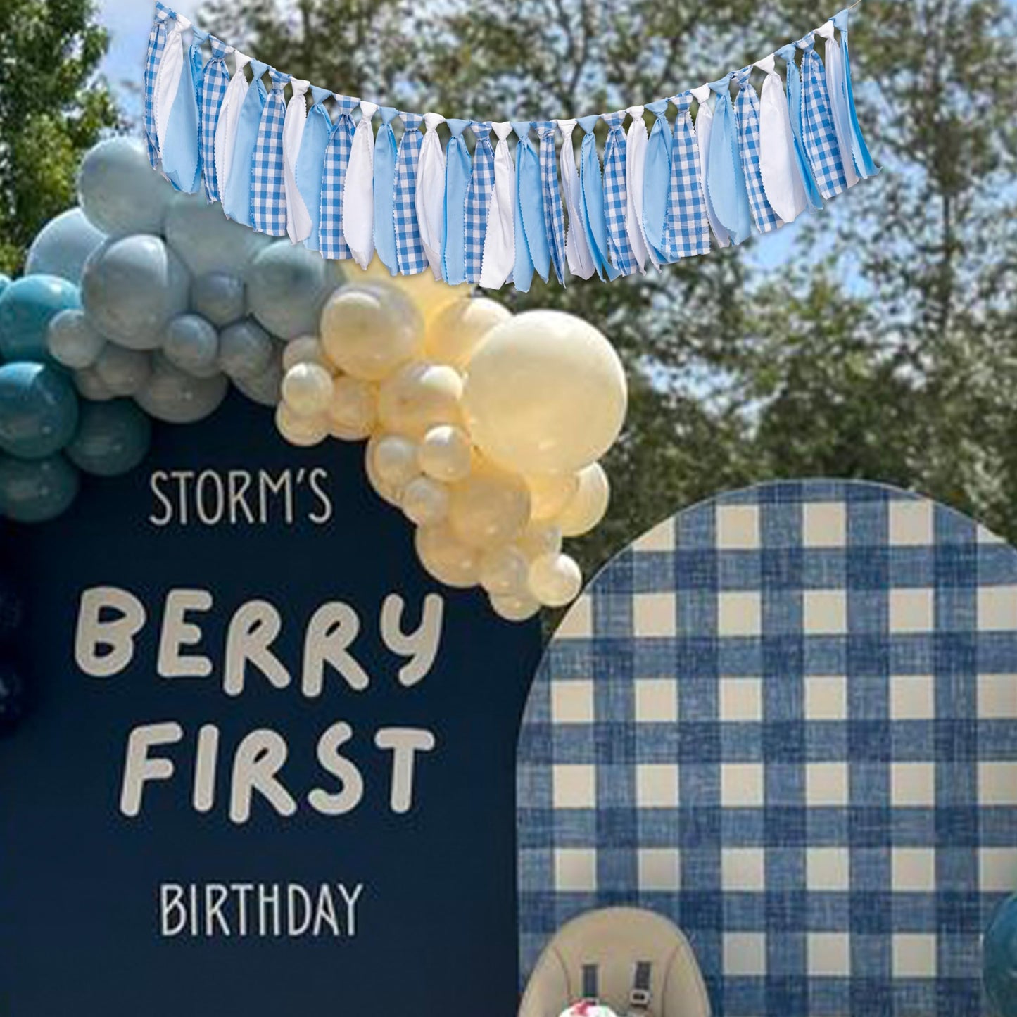 SOLUXIKA Blue and White Gingham Banner/Garland - First Birthday High Chair Banner,Gingham Garland For Baby Shower,Wall Hanging, Nursery Decor,Party