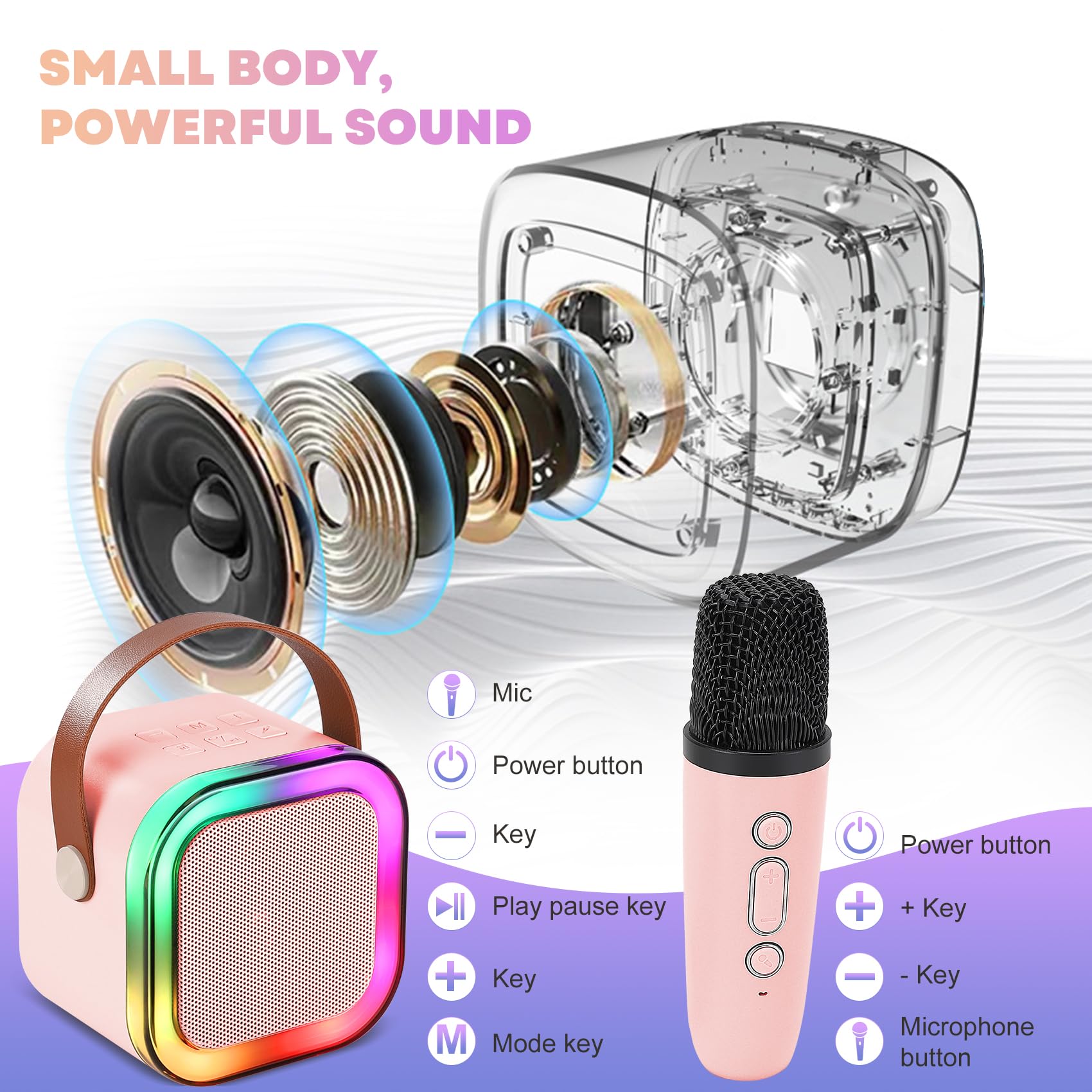 Mini Karaoke Machine, Portable Bluetooth Karaoke Speaker with 2 Wireless Microphones and Light for Family Home Party,Toys for Girls Boys Friends Age