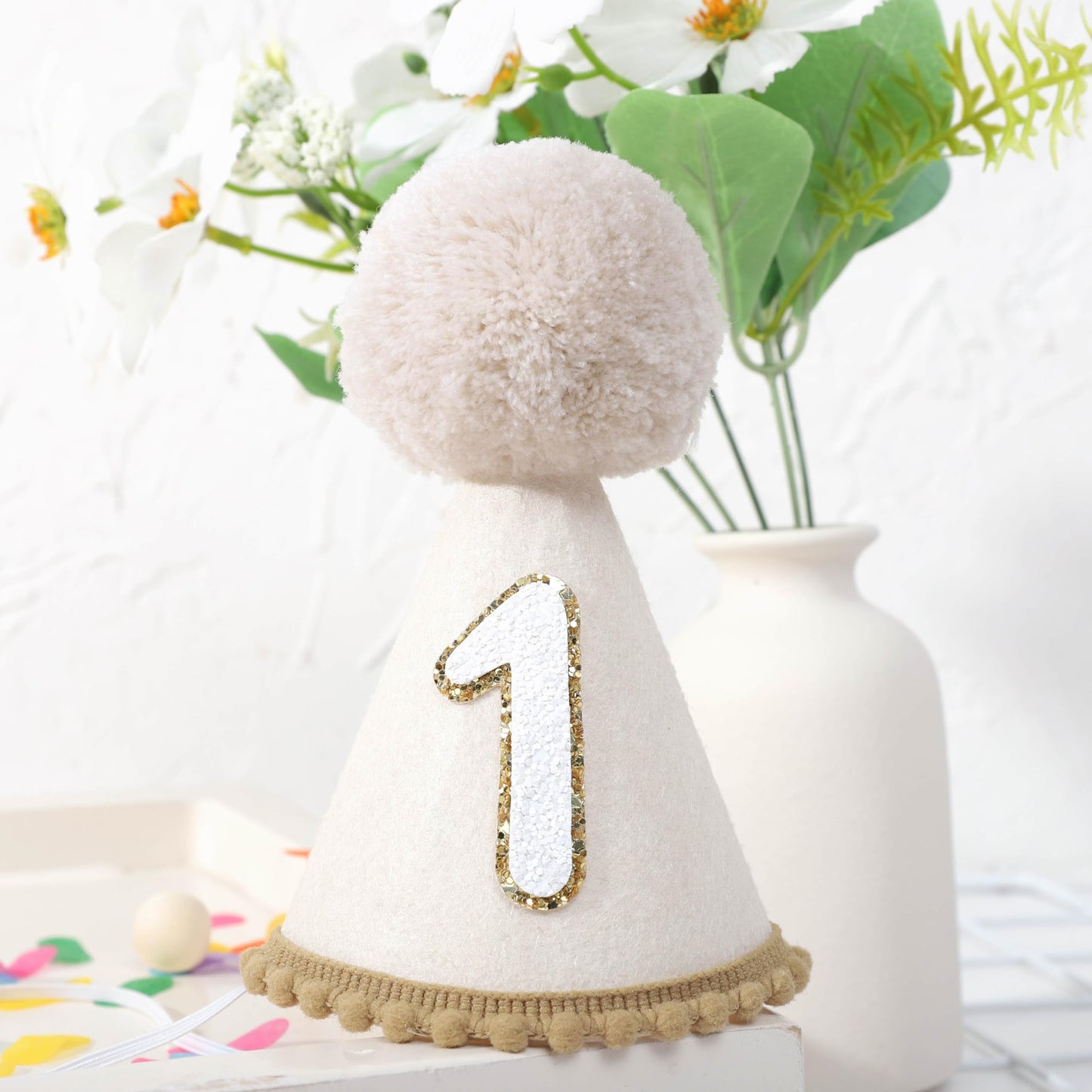 MAMUXI Linen 1st Birthday Hat for Boys, Beige Felt Party Decorations