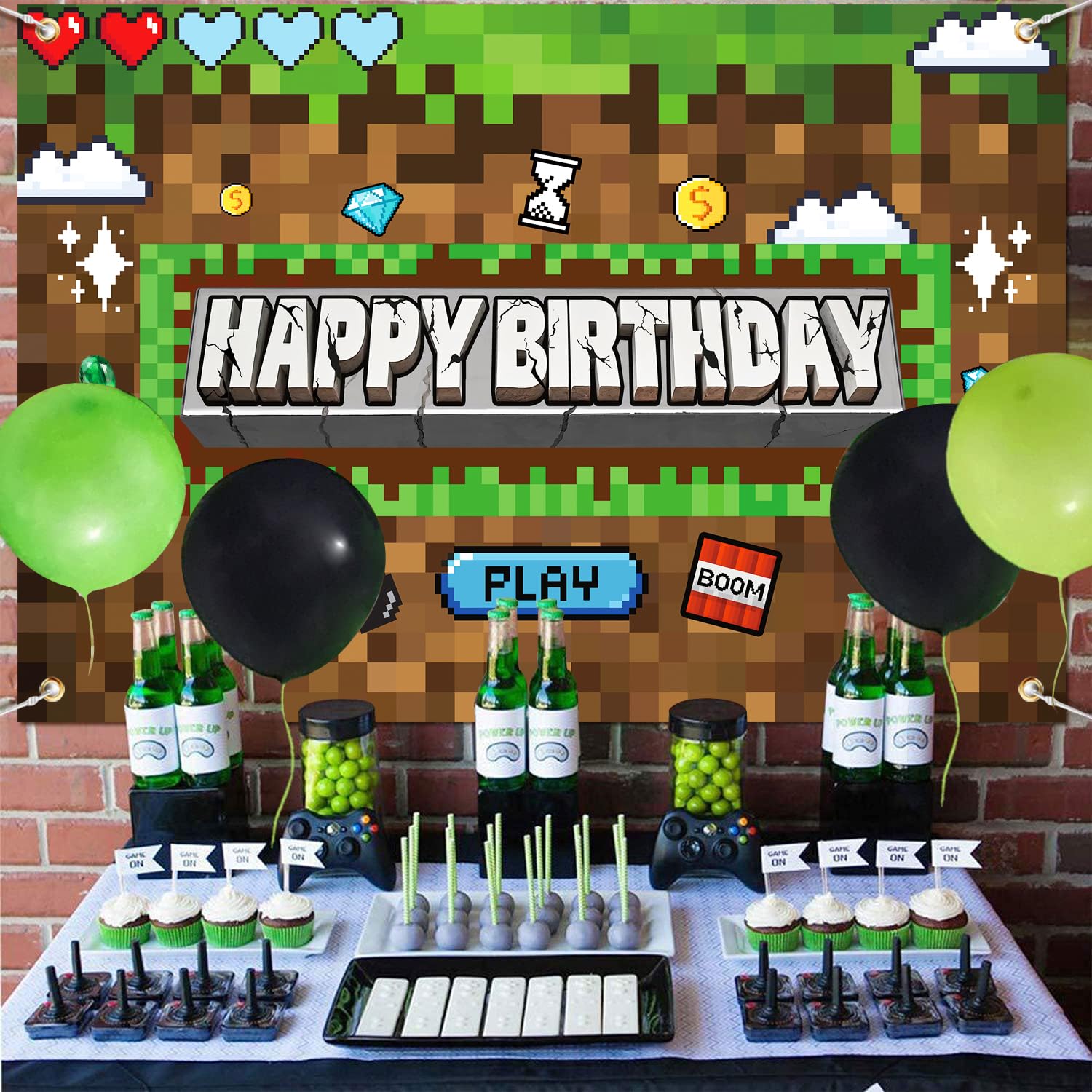 Pixel Birthday Party Decorations Pixel Video Game Banner for Miner Birthday Party Backdrop Photo Background Wall Decor Mining Party Supplies