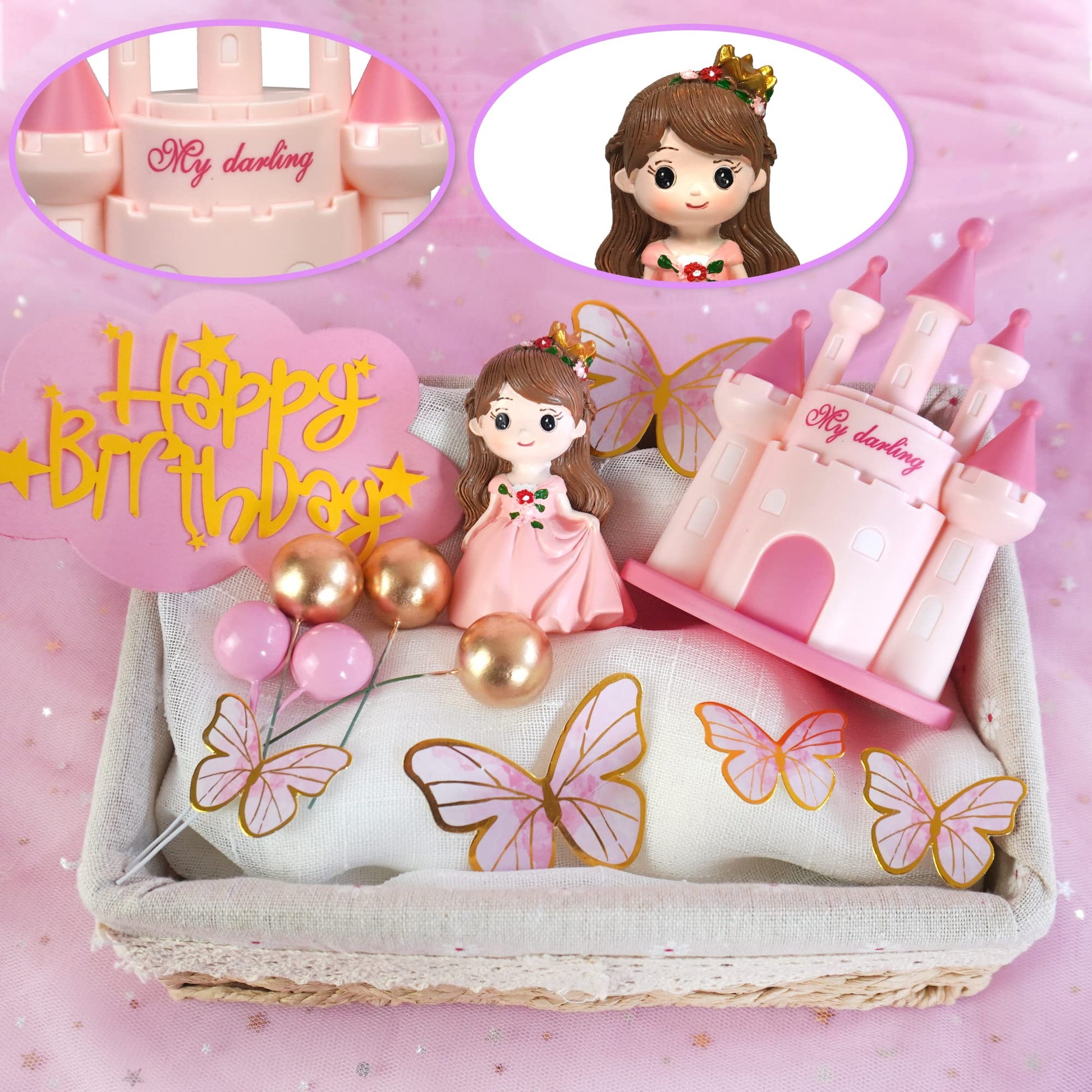 19 PCS Princess Cake Topper Castle Cake Decoration with Butterflies and Balls for Princess Birthday Supplies (Pink)