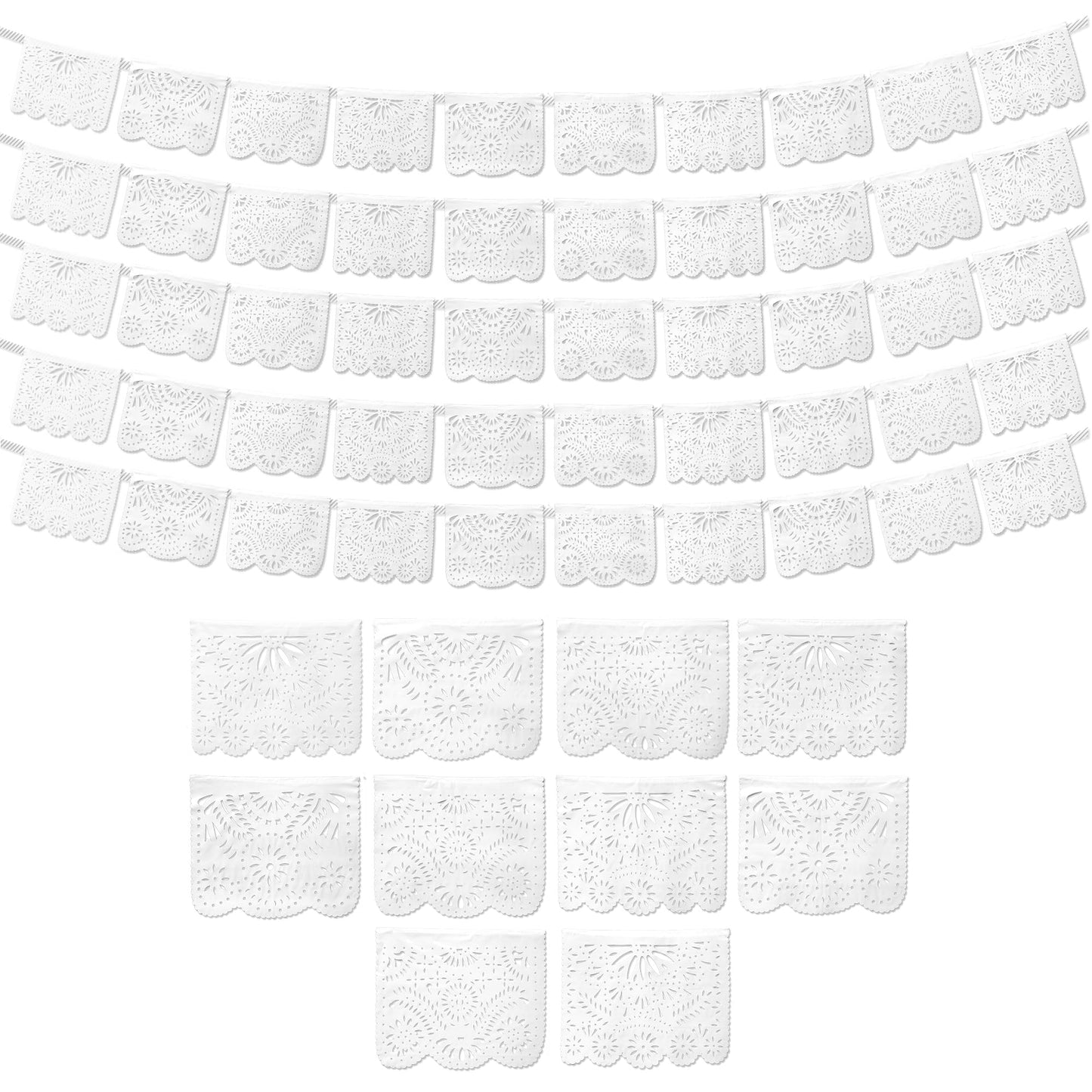White Papel Picado Banner 5-pk - White Mexican Banner - Party Decorations