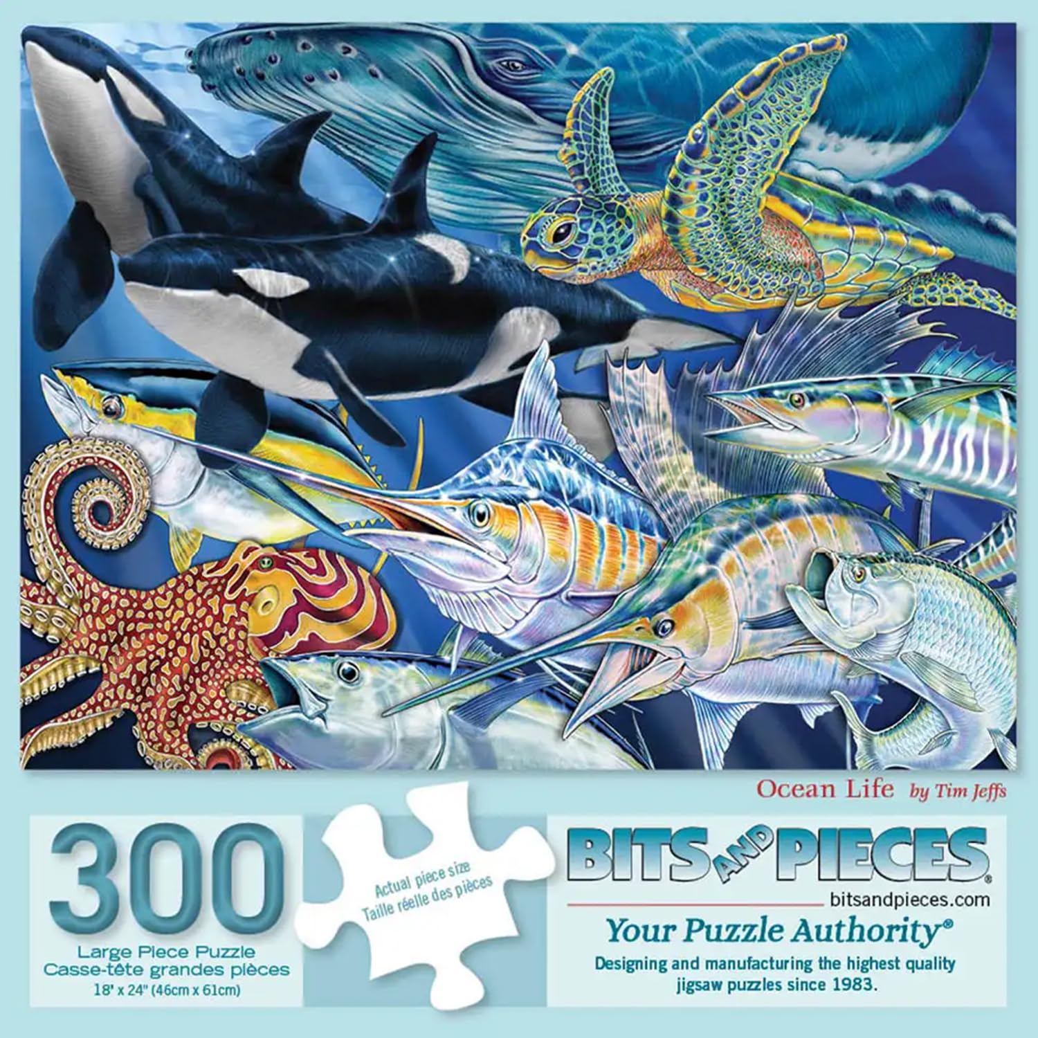 Bits and Pieces 300 Piece Puzzles for Adults - Ocean Life - 300 Large Pieces 18" x 24" Jigsaw Puzzles, Sea Creatures Fish, No 2 Pieces Alike