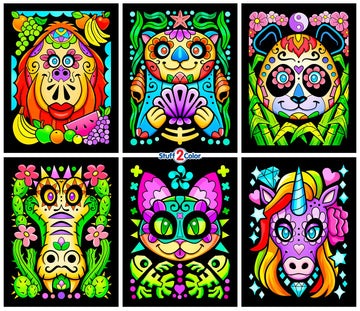 Stuff2Color Amazing Animals - 6 Pack of Fuzzy Black Velvet Coloring Posters - (Great for Kids, Adults, Group Activities) - Includes Unicorn, Panda