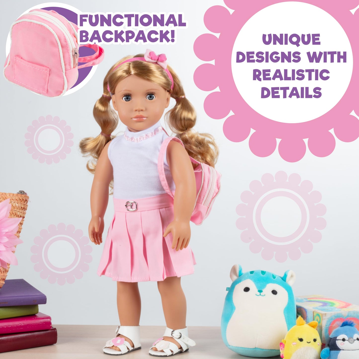 5pc Casual School 18" Doll Outfit w Pink Backpack- Compatible with American Girl- Premium Handmade Pink Preppy Clothes & Accessories Set Includes