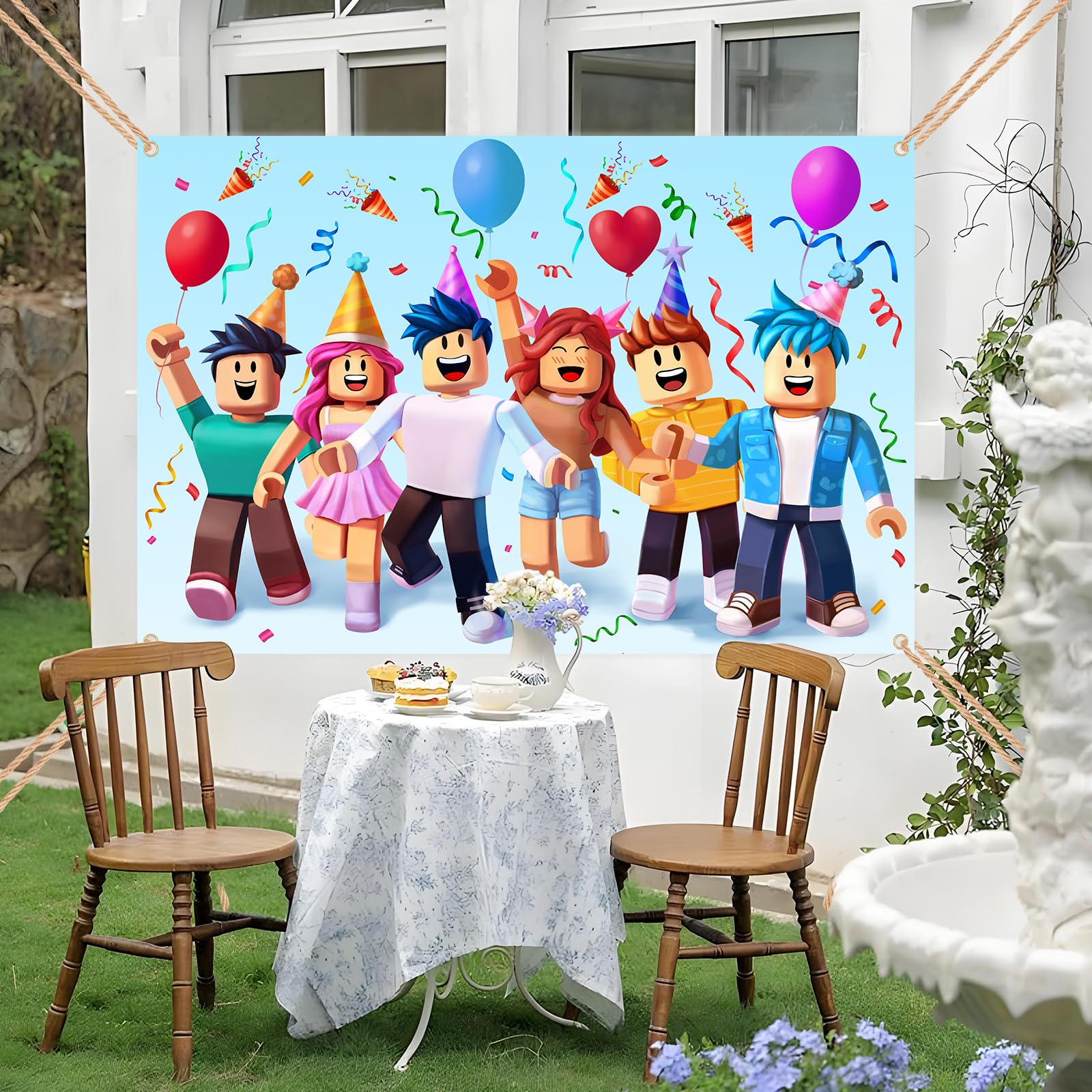 Gaming Birthday Backdrop 6x4ft, Extra Thick Fabric Photo Backdrop Banner, Cartoon Block Party Background, Reusable Cartoon Character Decoration with 4