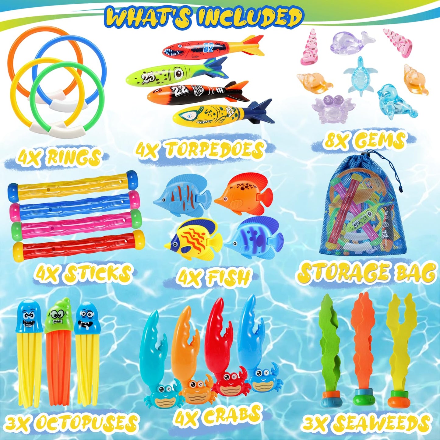 FUNCSDIK 35PCS Diving Pool Toys for Kids, Summer Underwater Diving Toys Set with Dive Sticks Rings Gems Storage Bag, Swimming Pool Toys for Fun Pool