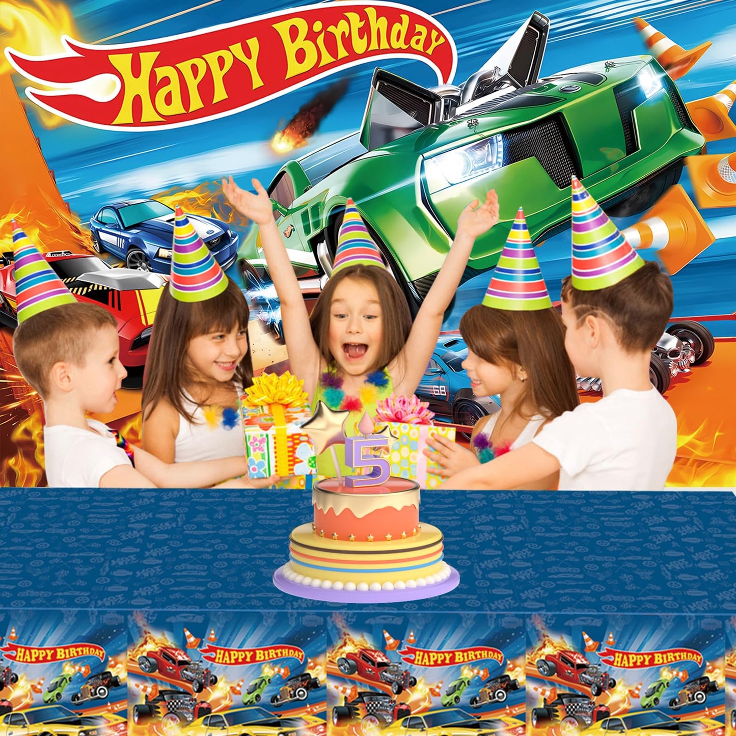 Hot Race Car Themed Party Decorations, Car Wheel Birthday Party Supplies Include Plastic Table Covers(42.5x70.8inch) and Photography