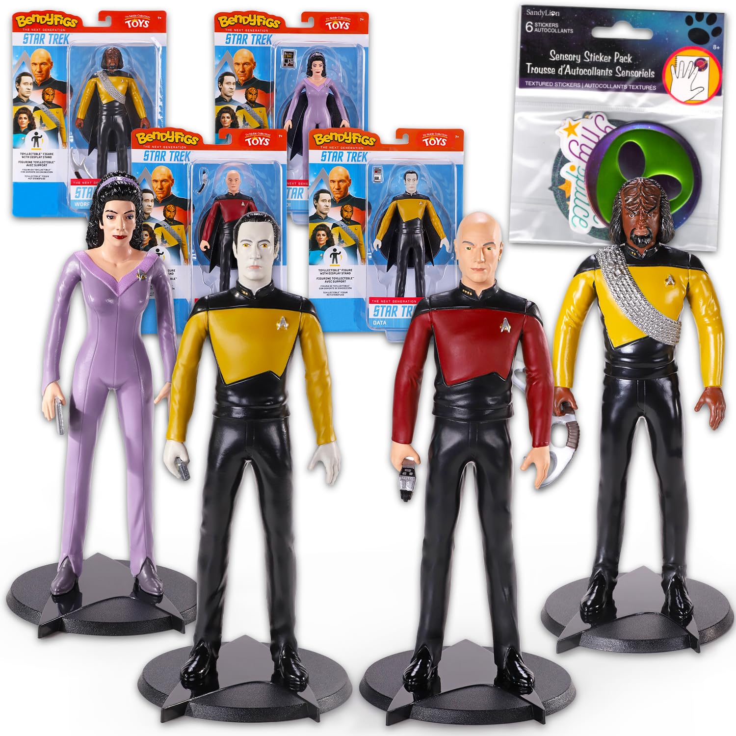 Paramount Star Trek Action Figure Set - Bundle with 4 Figurines Data, Picard, Worf, TROI Plus Decals | 7" Star Trek The Next Generation Toys