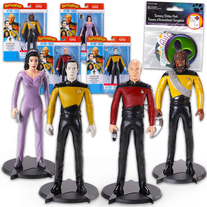 Paramount Star Trek Action Figure Set - Bundle with 4 Figurines Data, Picard, Worf, TROI Plus Decals | 7" Star Trek The Next Generation Toys
