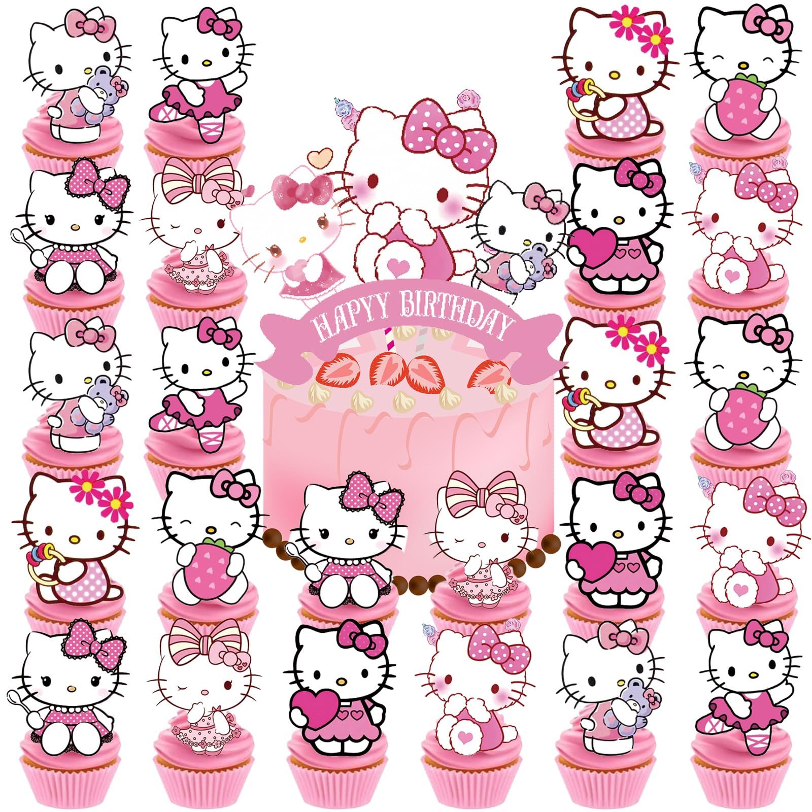 25pcs Cupcake Toppers with 1 Happy Birthday Cake Topper, Cute Anime Hello Pink Cat Themed Party Supplies, Perfect for Birthday Party Decorations