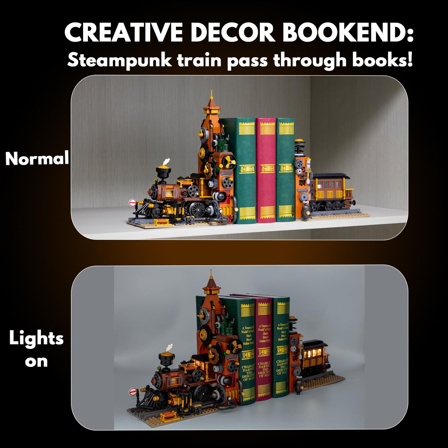 TAIKONLAB Steampunk Train Bookend Building Block Set, Creative Bookend and Bricks Building Set, Light Module Included, Rich Details with Mechanic