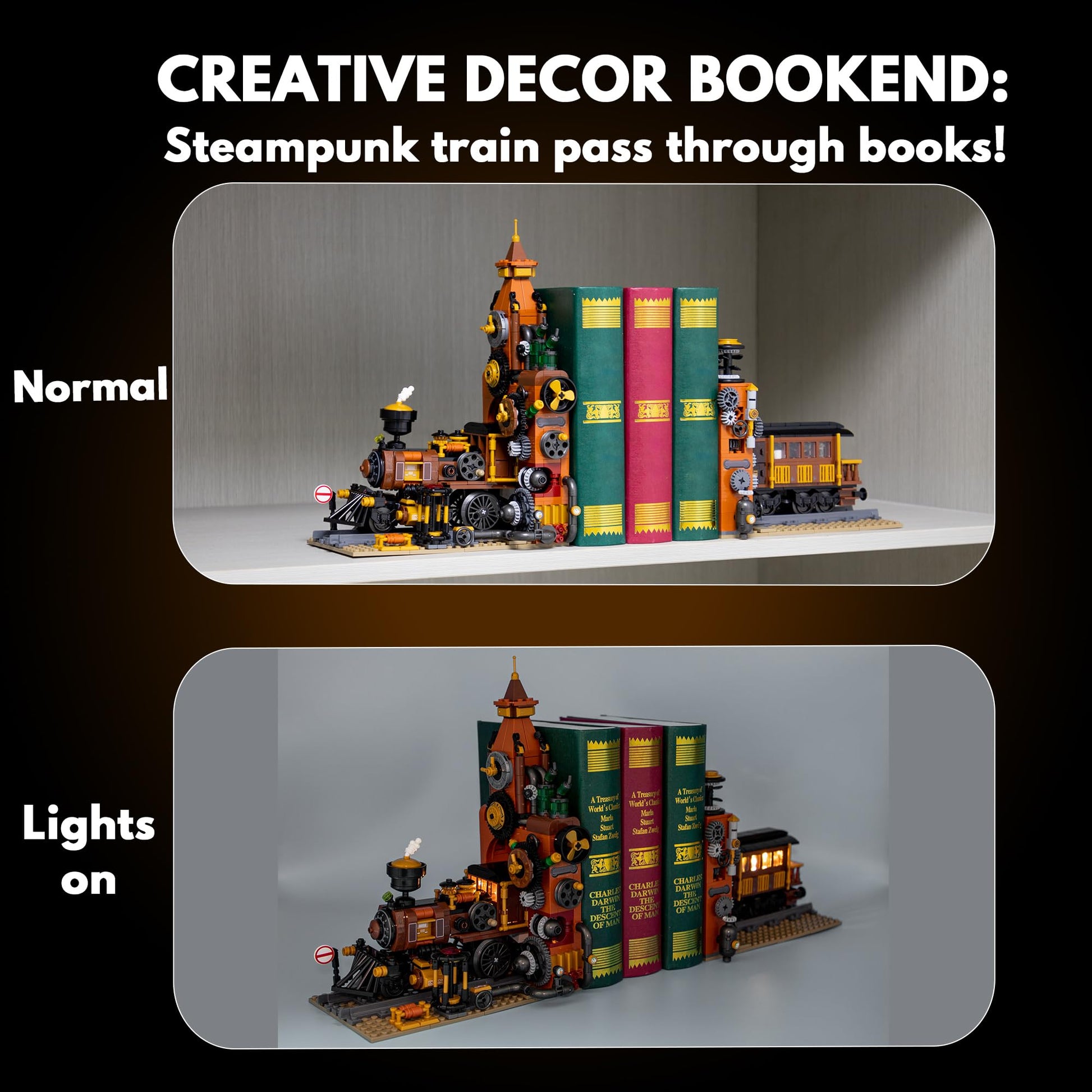 TAIKONLAB Steampunk Train Bookend Building Block Set, Creative Bookend and Bricks Building Set, Light Module Included, Rich Details with Mechanic