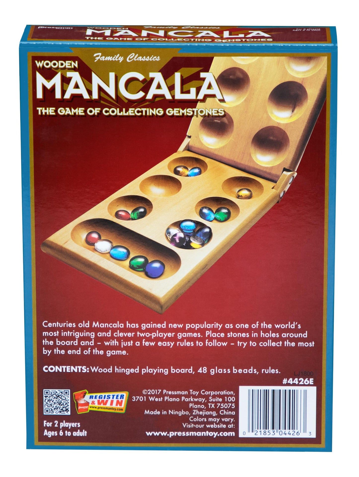 Pressman Mancala Board Game | Fun Classic Table for Adults & Kids | Includes 48 Glass Mancala Stones and Wood Hinged Playing Board | 2 Players, Ages