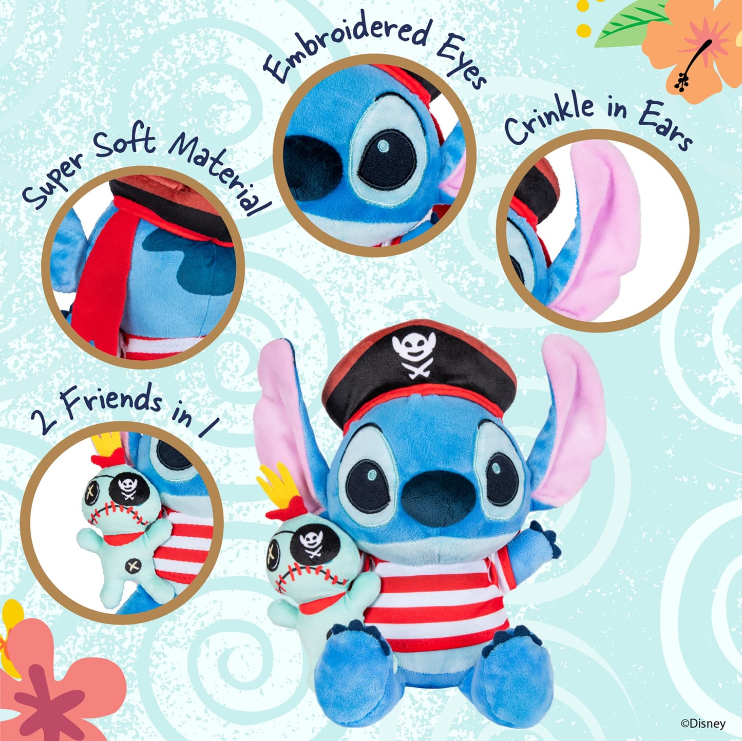 Kids Preferred Disney Baby Pirate Stitch Holding Little Scrump, Plush Stuffed Animal Toy, Embroidered Details, for Baby and Toddler Boys & Girls