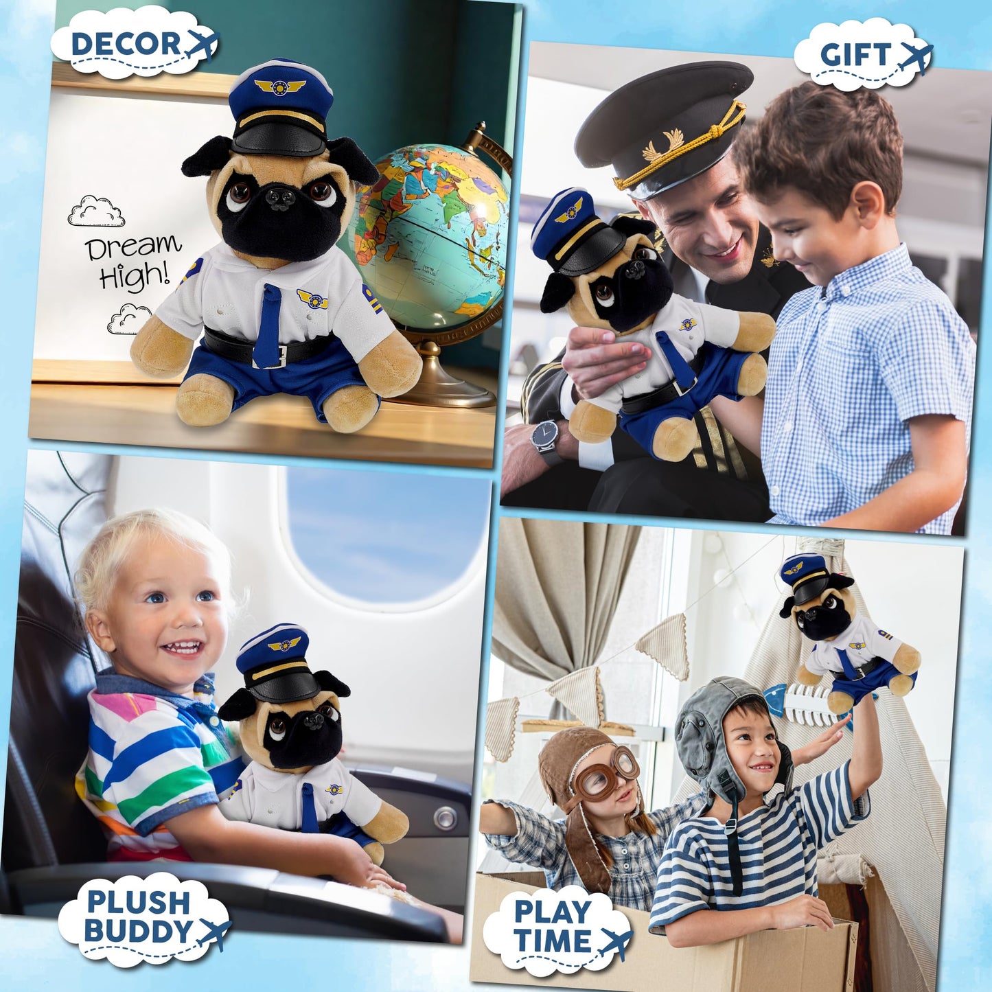 DolliBu Pug Dog Stuffed Animal with Pilot Costume and Name Personalization - Cute Pet Plush Toy with Airplane Aviation Uniform Dress Up - 8 Inches