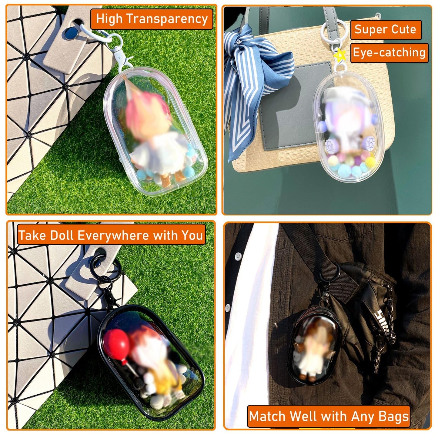 4pcs Clear Figure Display Bag with Keychain Pompom Ball Portable Mini Doll Pouch Carrying Case Blind Box Figures Display Case for Collectibles Zipper
