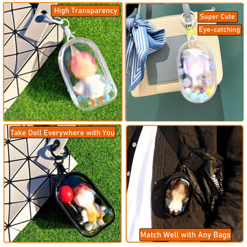 4pcs Clear Figure Display Bag with Keychain Pompom Ball Portable Mini Doll Pouch Carrying Case Blind Box Figures Display Case for Collectibles Zipper