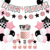 Two Cool Dude Pink Smile-Theme Birthday Party Decoration Set, Two Cool Girl Second Birthday Banner Cake Toppers Pink White Black Checker Balloons
