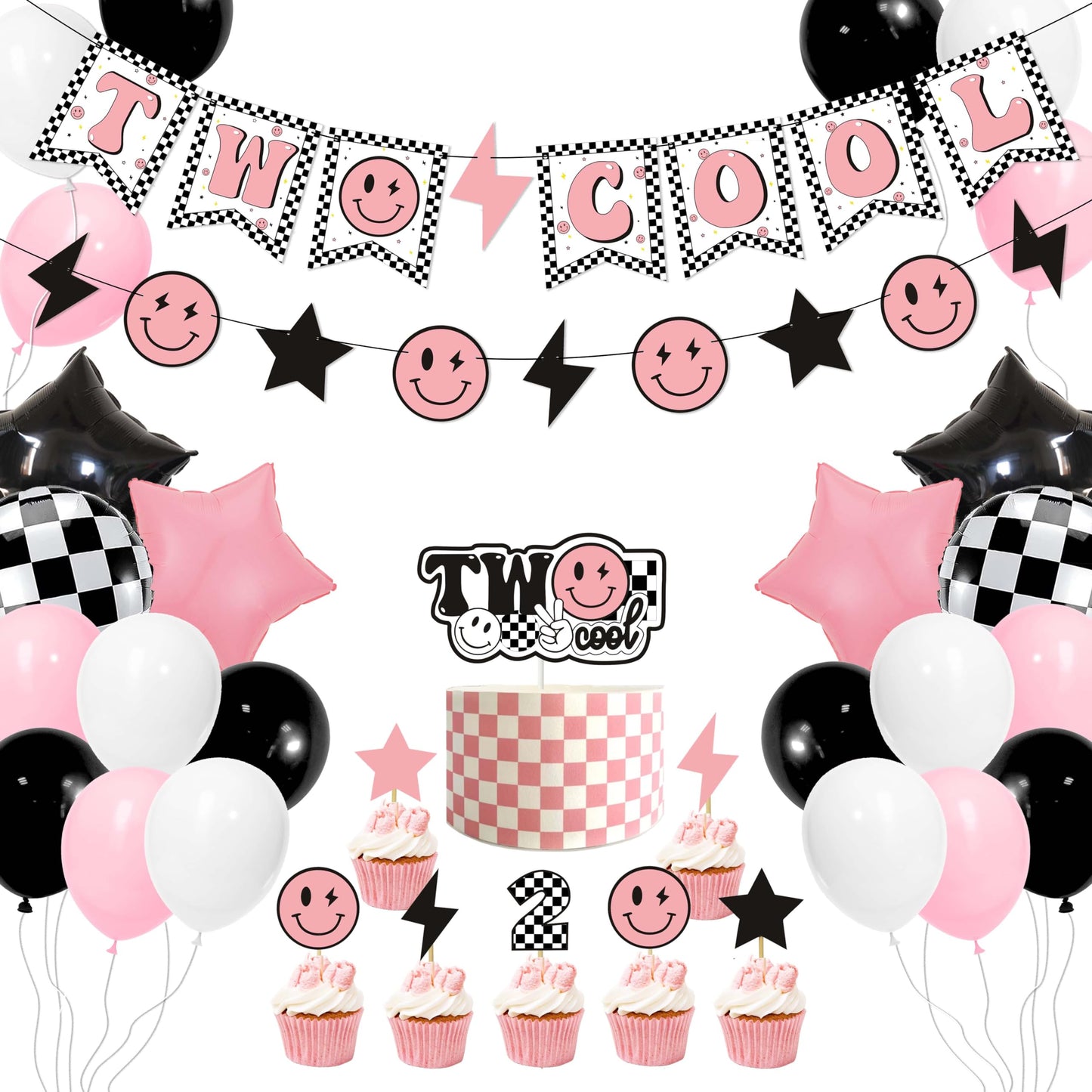 Two Cool Dude Pink Smile-Theme Birthday Party Decoration Set, Two Cool Girl Second Birthday Banner Cake Toppers Pink White Black Checker Balloons