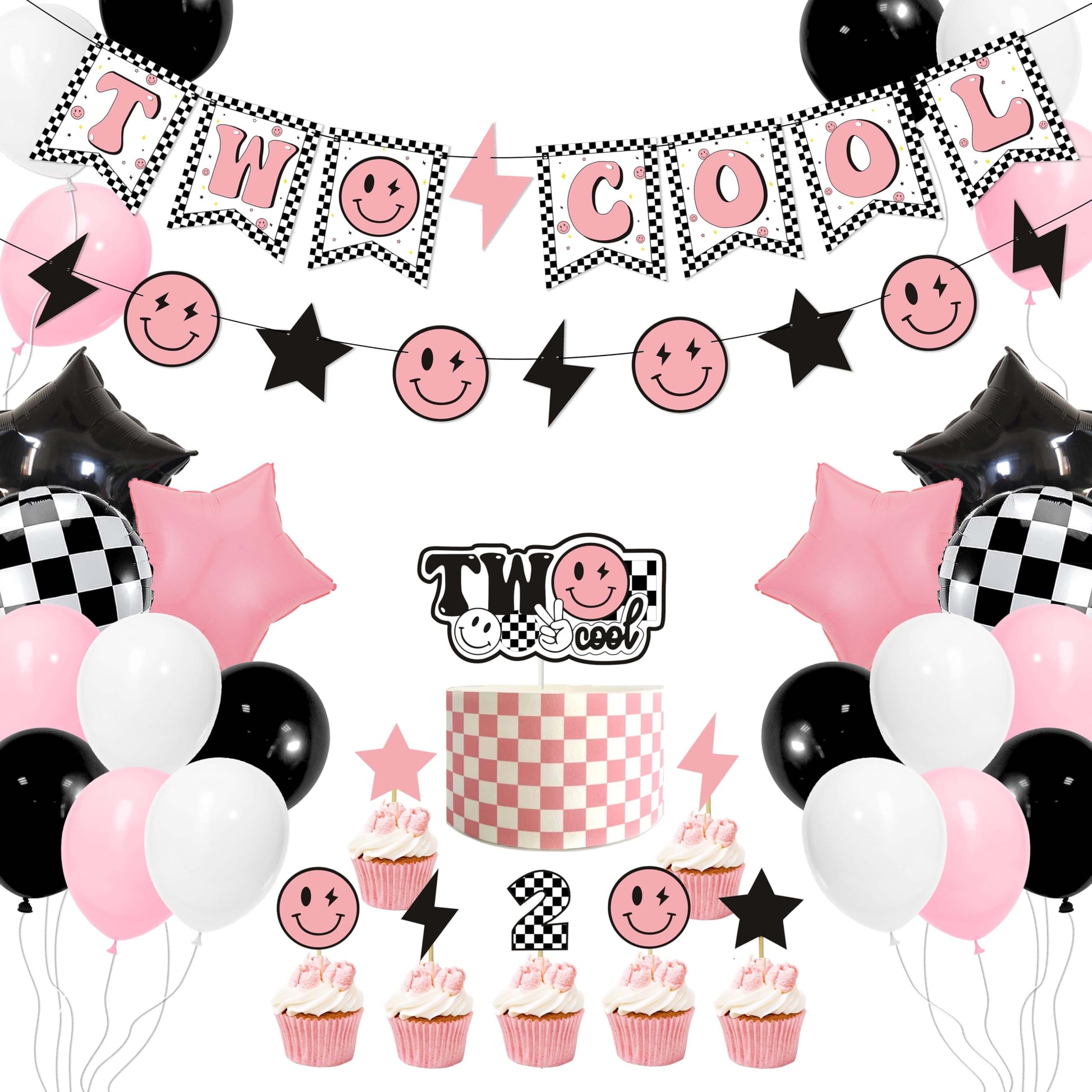 Two Cool Dude Pink Smile-Theme Birthday Party Decoration Set, Two Cool Girl Second Birthday Banner Cake Toppers Pink White Black Checker Balloons
