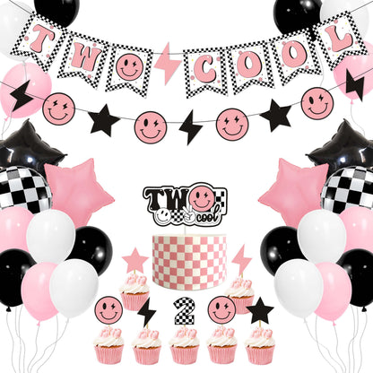 Two Cool Dude Pink Smile-Theme Birthday Party Decoration Set, Two Cool Girl Second Birthday Banner Cake Toppers Pink White Black Checker Balloons