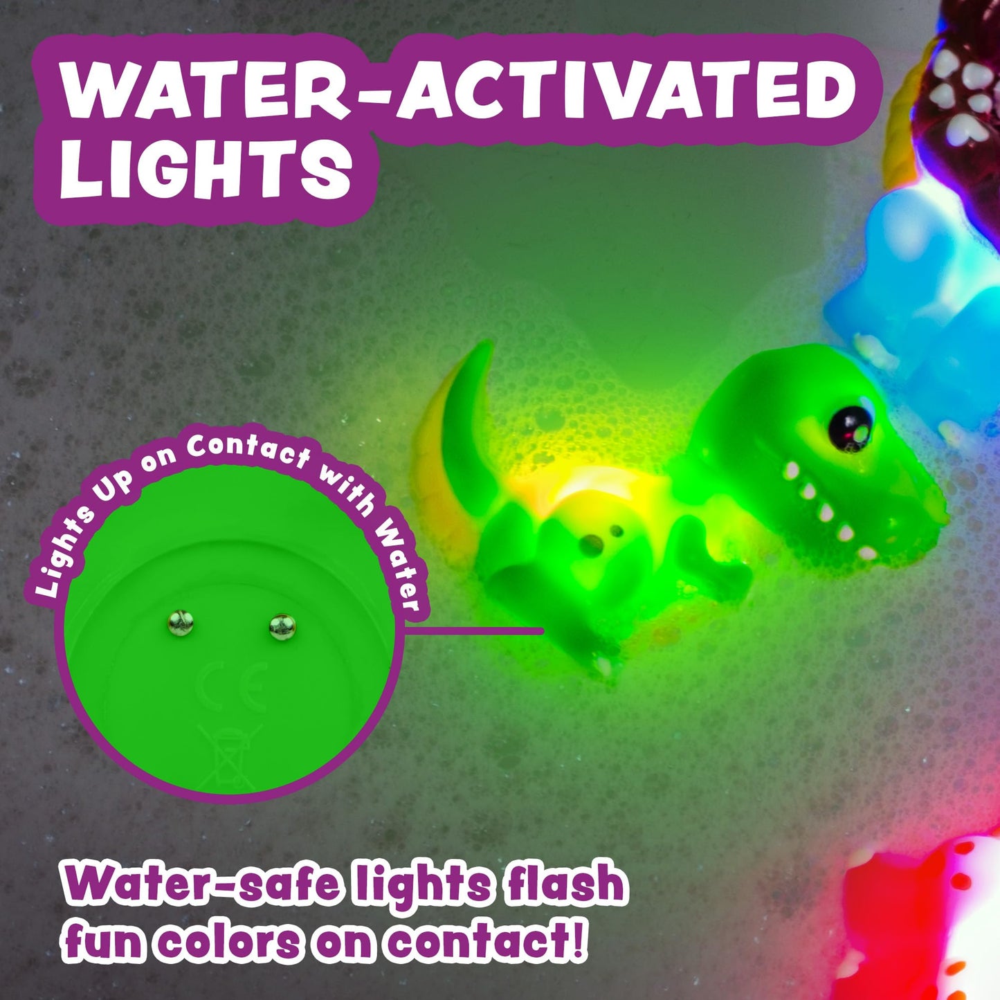 Tub Works® Dinos™ Dinosaur Light Up Bath Toys, 6 Pack | Water-Activated Light Up Toys Flash & Change Color | Easy-Grip Baby & Toddler Bath Toys |