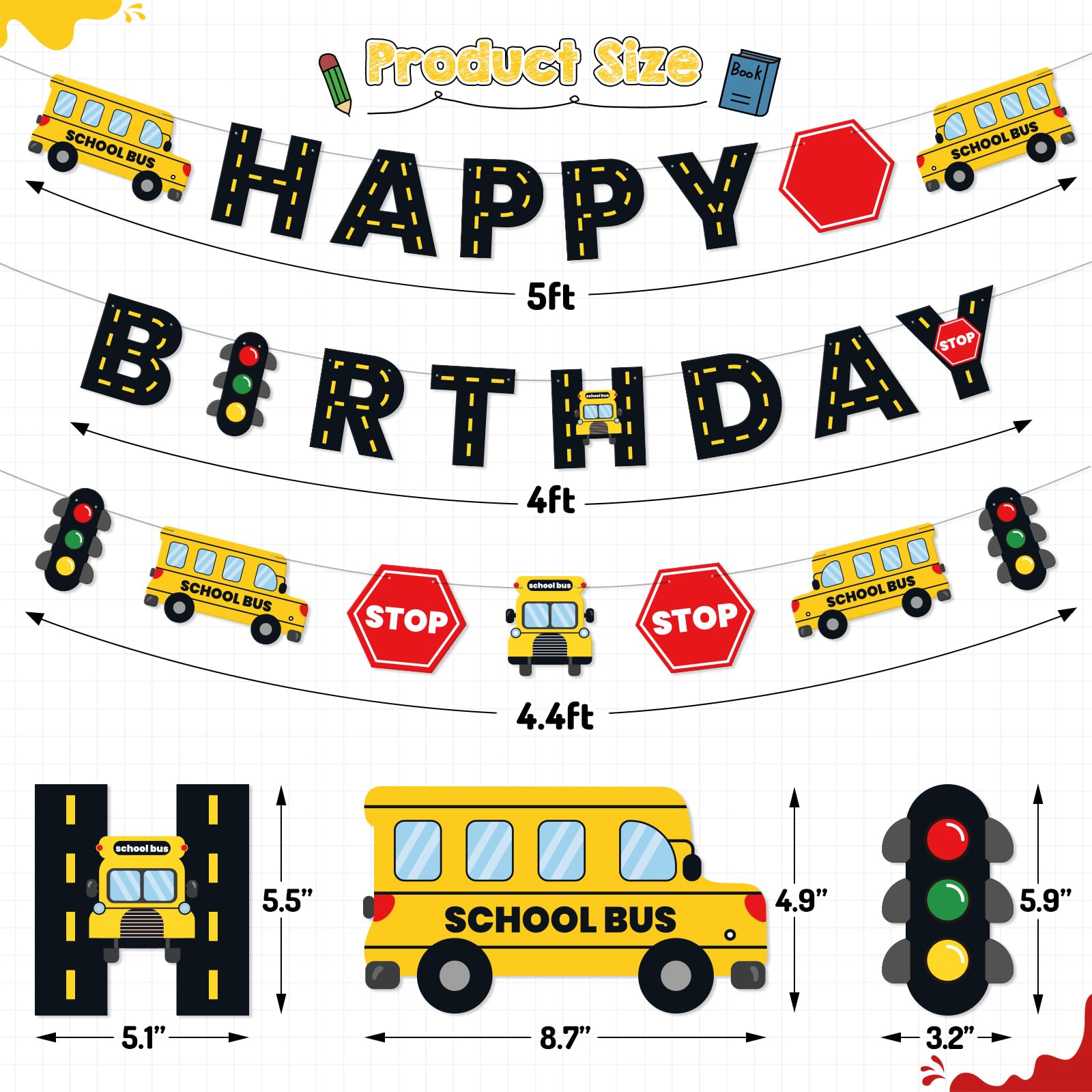 Faisichocalato DIY School Bus Happy Birthday Banner, Birthday Party Garland for Kids Yellow Bus Birthday Party Decorations, Back to School Banner