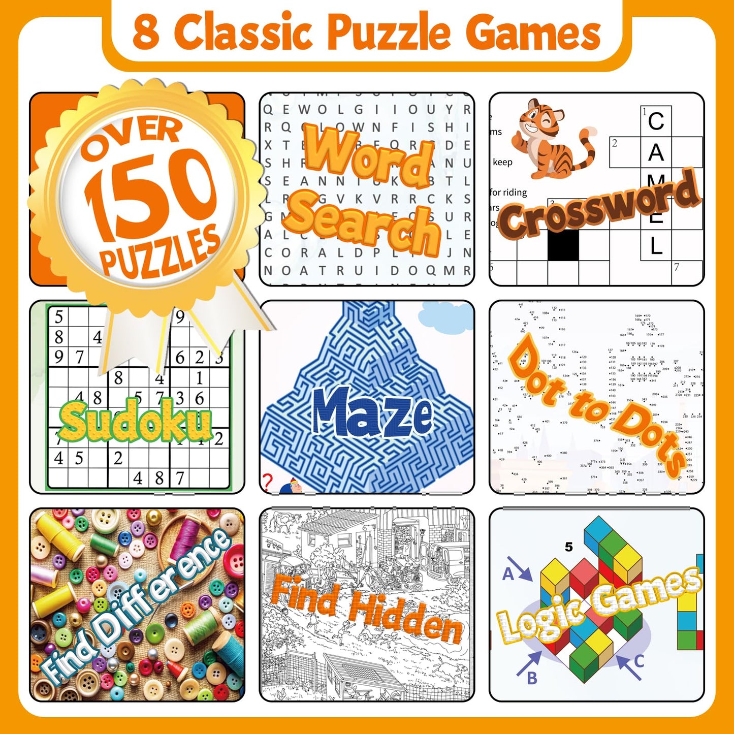 Elfew 4 Pack Activity Book for Adults, 150+ Brain Games, Puzzles Books for Adults, Teens and Seniors, Activities for Adults, Memory Games Includes