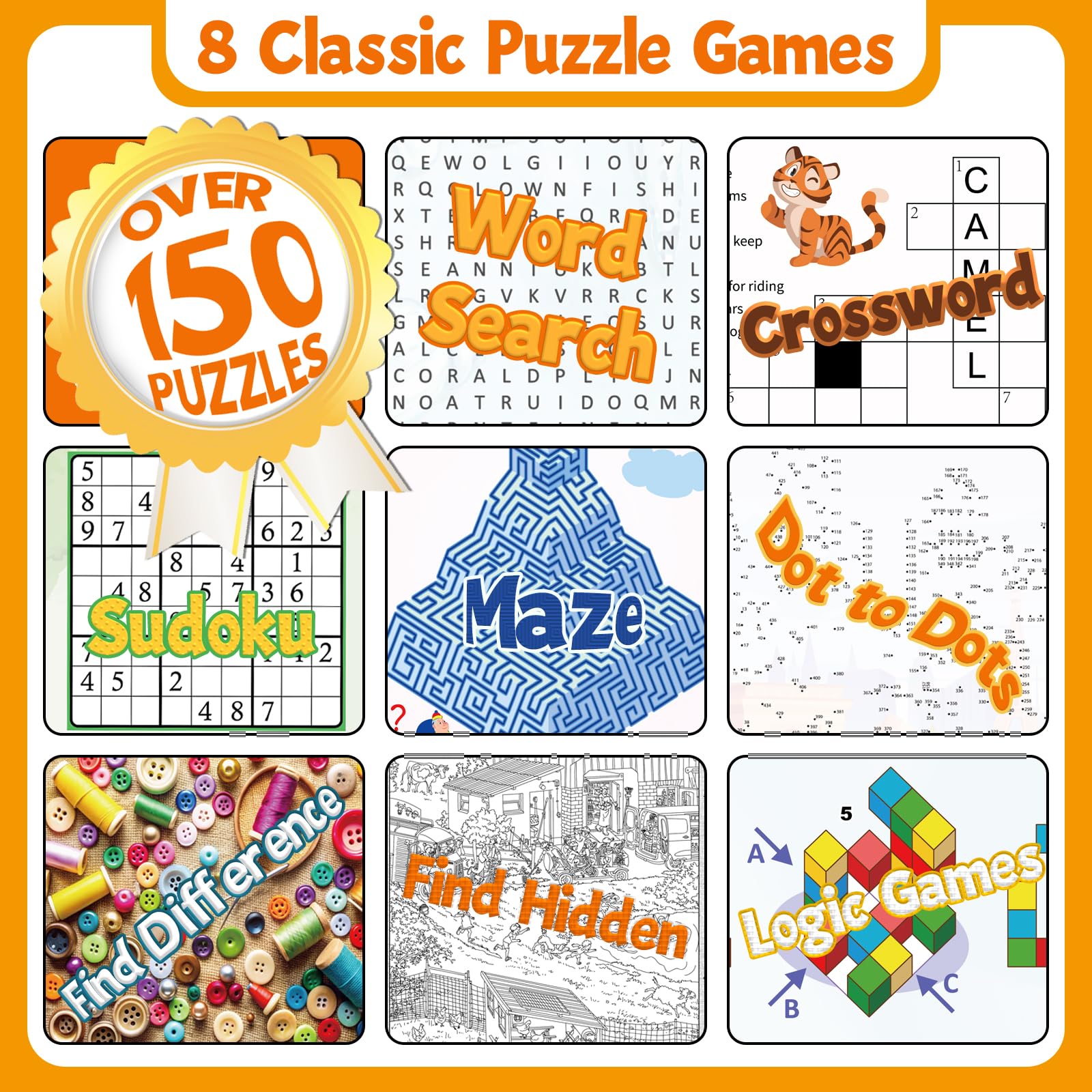 Elfew 4 Pack Activity Book for Adults, 150+ Brain Games, Puzzles Books for Adults, Teens and Seniors, Activities for Adults, Memory Games Includes