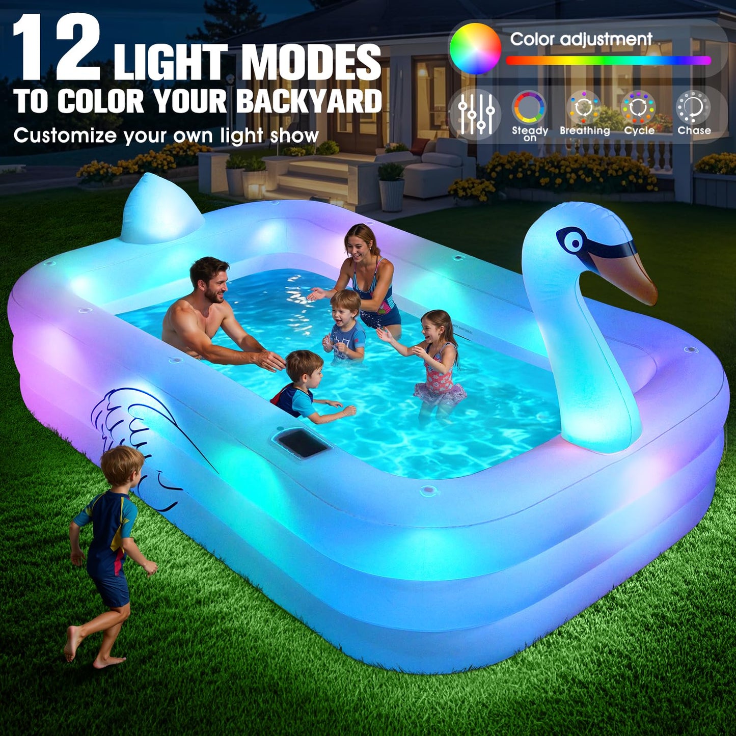 Blow Up Pools For Adults, Solar Swan Inflatable Pool With Lights, Inflatable Swimming Pool For Adults, Large Blow Up Pool For Kids Pool For Backyard