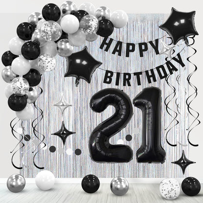 21st Birthday Decorations for Boys Girls, Happy Birthday Decorations for Her Him,21 Black and Silvery Party Kit Supplies