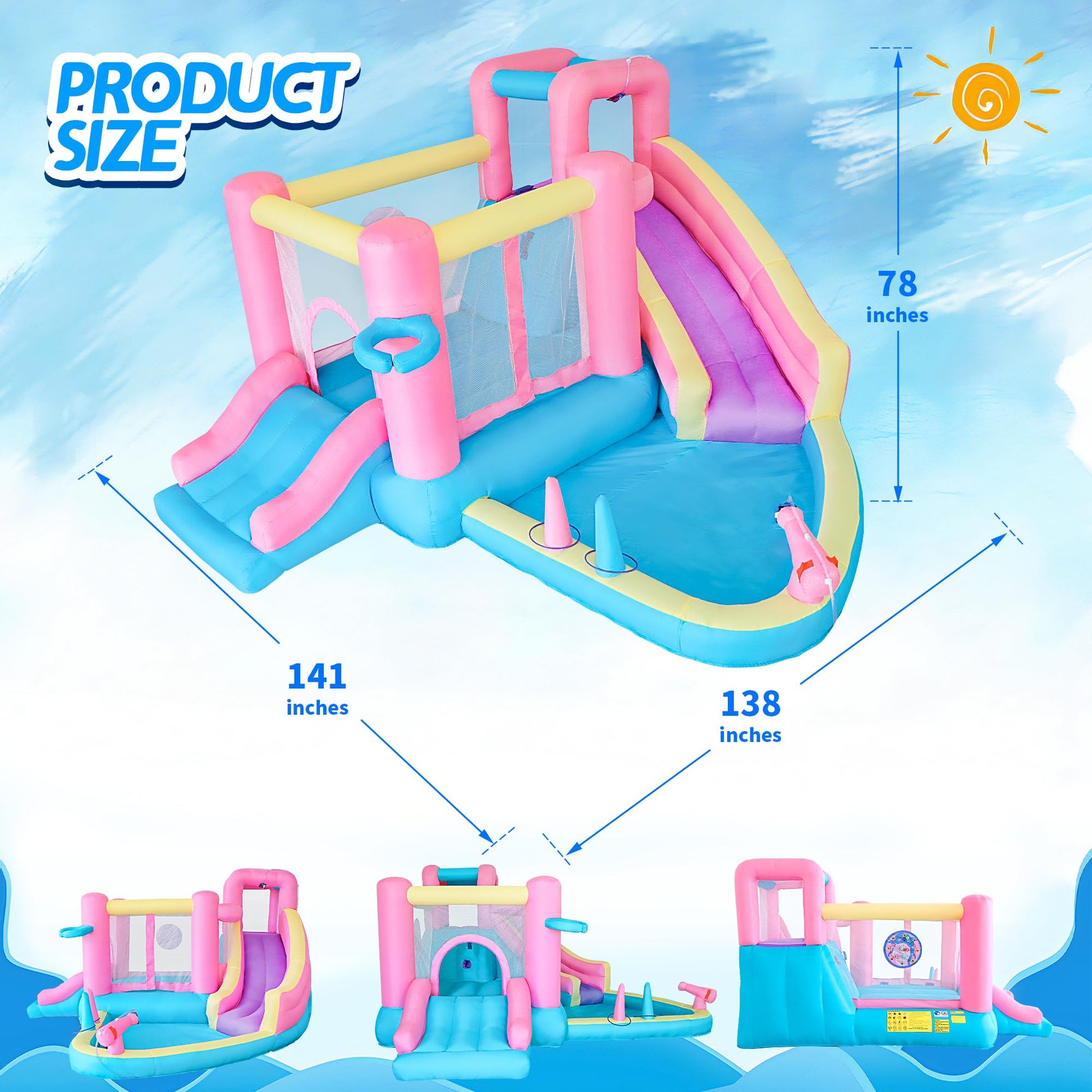 Bestsun Inflatable Water Slide for Kids, Bounce House with Slide, Pool, Water Cannon, Climbing Wall, Blower Included, Outdoor Summer Fun for Kids