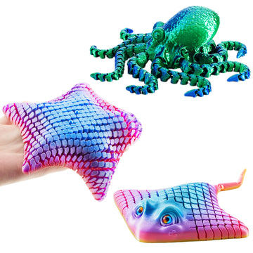 Maxdecoer Large 3 Pcs 3D Printed Articulated Sea Animals, Flexible Octopus Ray and Starfish Desk Pets, Ocean Fidget Toys for Kids Adults, Sensory Desk