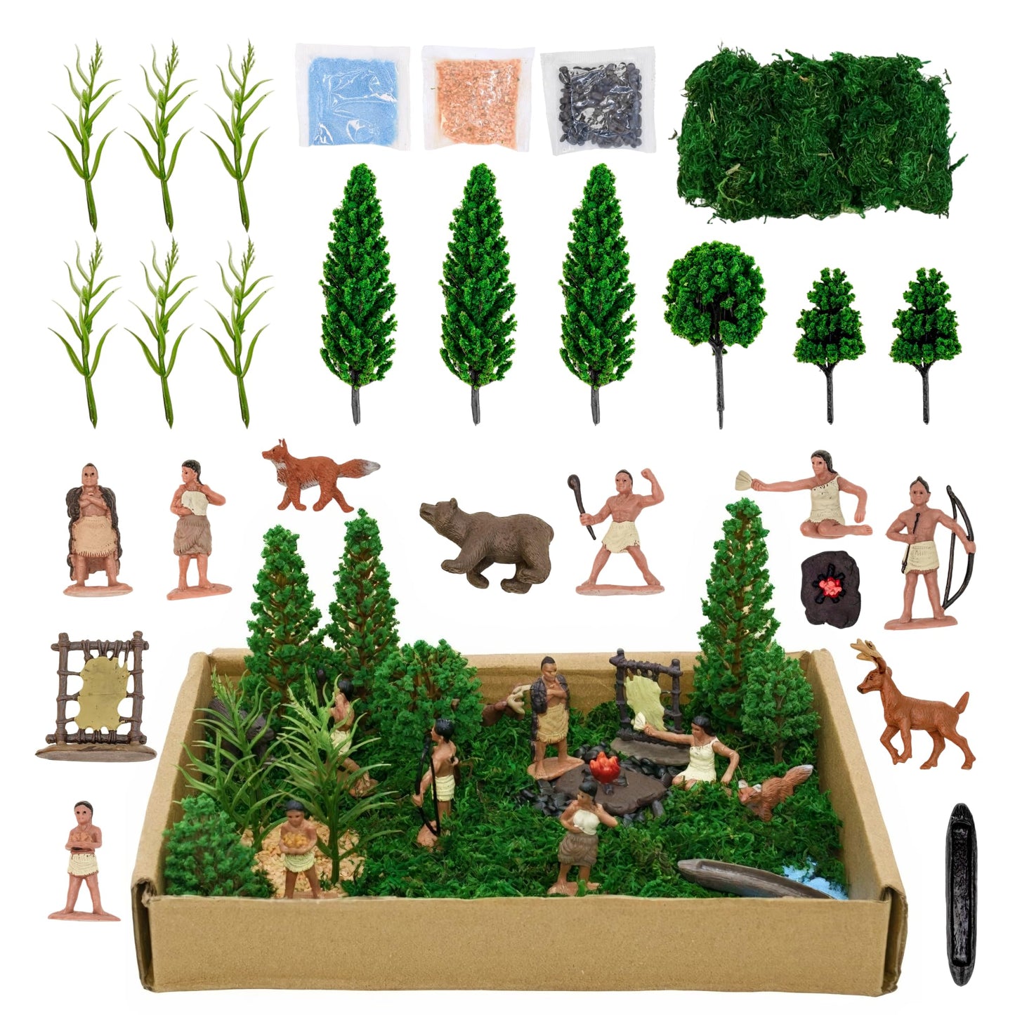 LuciPaw 28 PCS Native American Indians Figures Toys Set, Include Plastic Figurine Toys Trees Moss Sand Stones, Kids Historical Education School