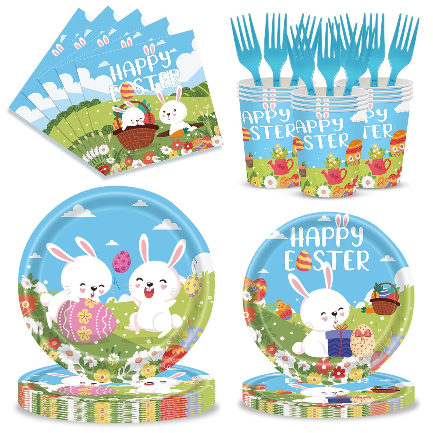 MYFEST 120pcs Easter Plates and Napkins Tableware Set, Happy Easter Disposable Plates Napkins Forks and Cups for Bunny Party Decorations and Supplies