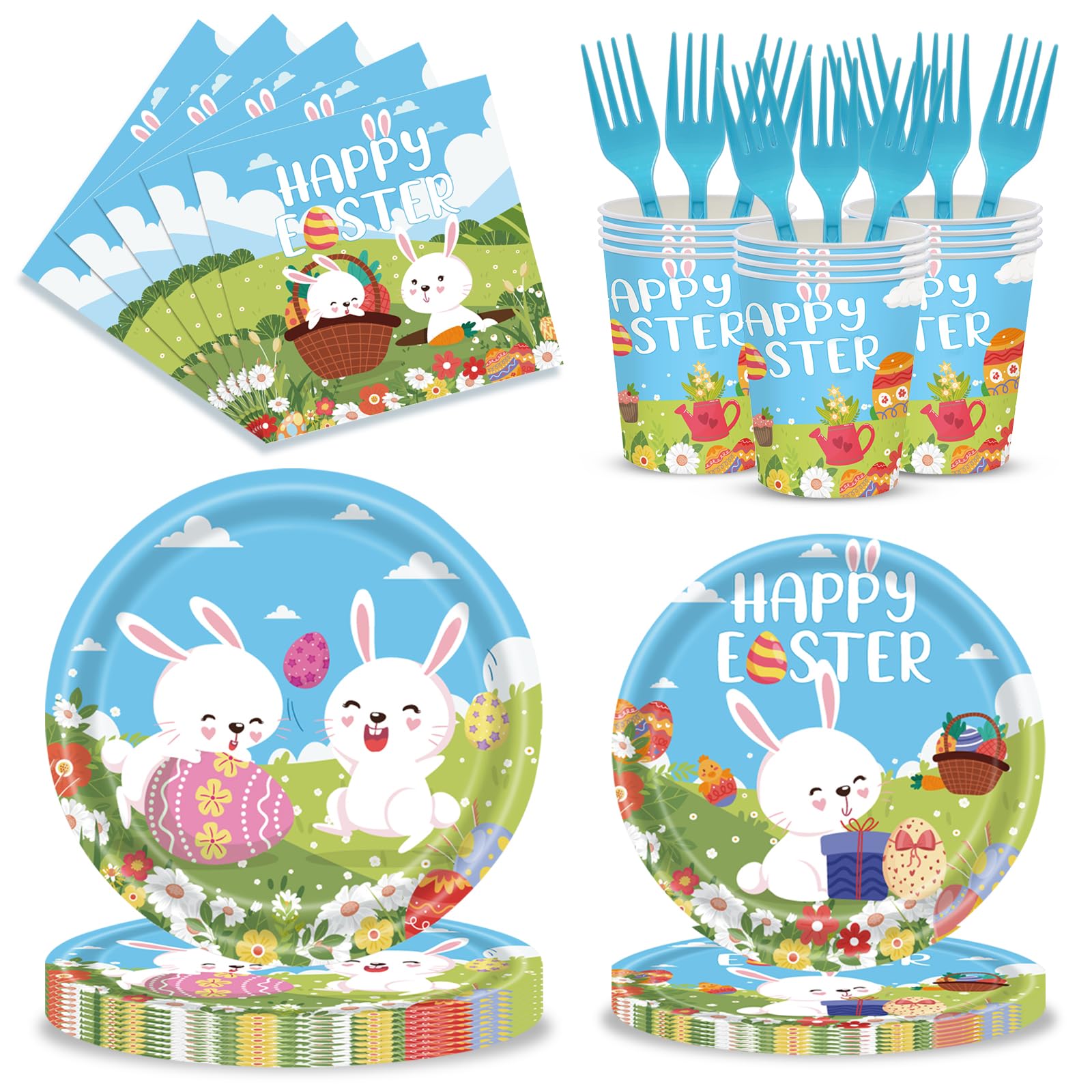 MYFEST 120pcs Easter Plates and Napkins Tableware Set, Happy Easter Disposable Plates Napkins Forks and Cups for Bunny Party Decorations and Supplies