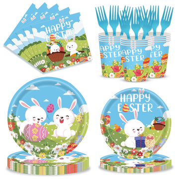 MYFEST 120pcs Easter Plates and Napkins Tableware Set, Happy Easter Disposable Plates Napkins Forks and Cups for Bunny Party Decorations and Supplies