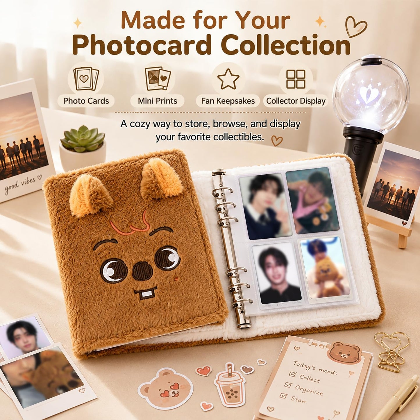 Cute Plush Kpop Photocard Binder, 4-Pocket Photo Card Album with 20 Double-Sided Sleeves, 160 Pockets, Soft Bear Cover 6-Ring Card Holder Book for