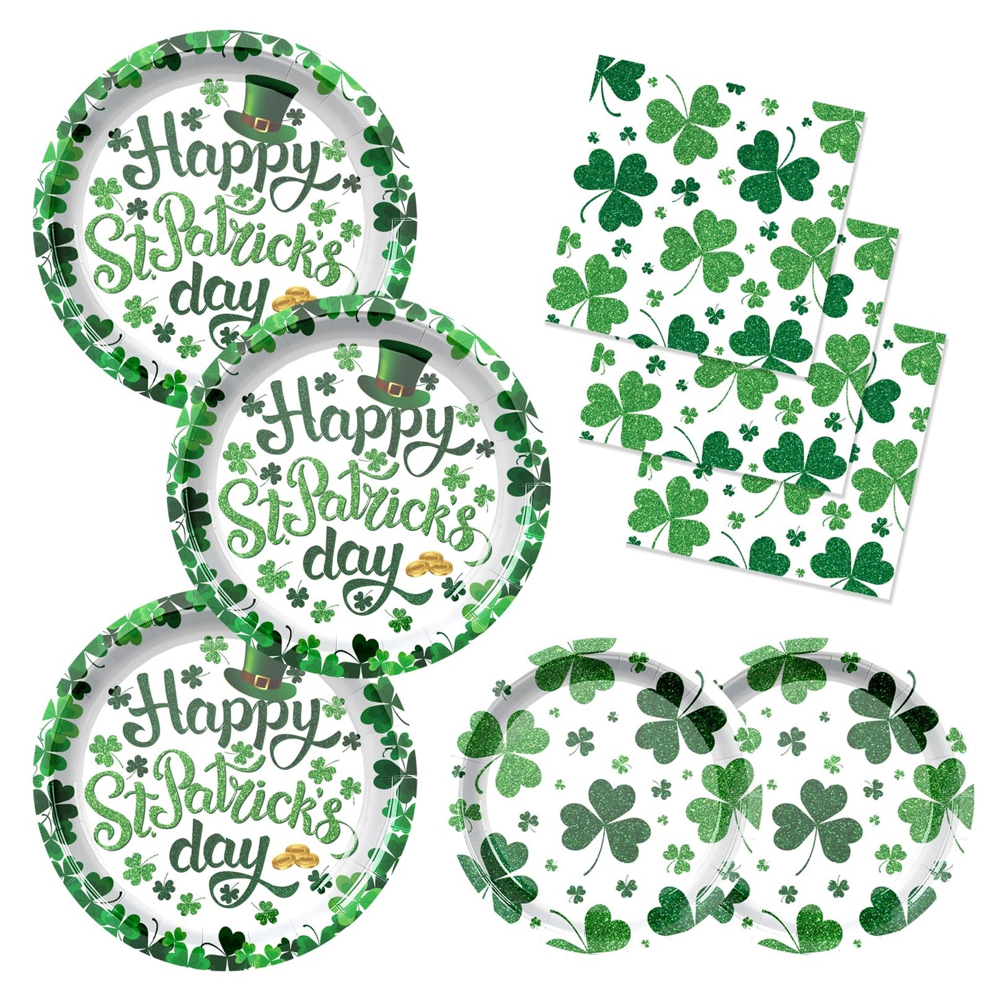 QDIRDEC St. Patrick's Day Paltes and Napkins Green Shamrocks Disposable Plates and Napkins for St Patrick's Day Green Irish Party Decorations, Serve
