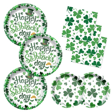 QDIRDEC St. Patrick's Day Paltes and Napkins Green Shamrocks Disposable Plates and Napkins for St Patrick's Day Green Irish Party Decorations, Serve