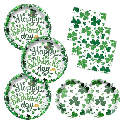 QDIRDEC St. Patrick's Day Paltes and Napkins Green Shamrocks Disposable Plates and Napkins for St Patrick's Day Green Irish Party Decorations, Serve