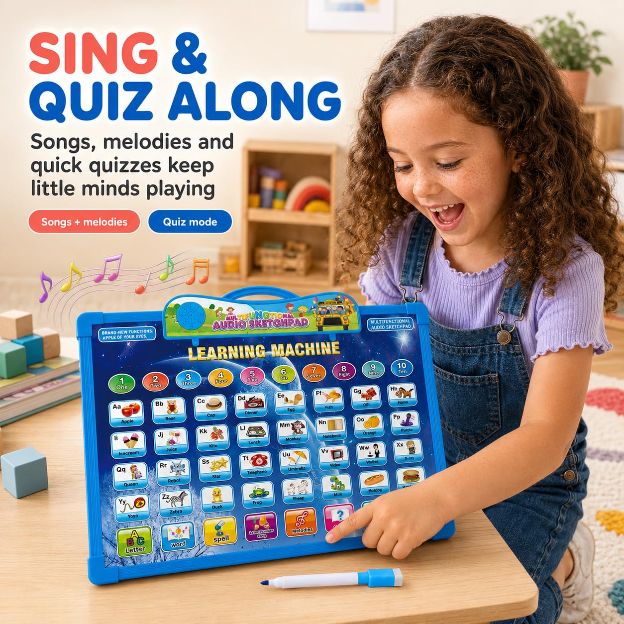 2-in-1 Learning Machine to Teach Children Words, Numbers, Letters, Math, Object Sounds, with Quizzes and Songs + White Board Drawing with Marker