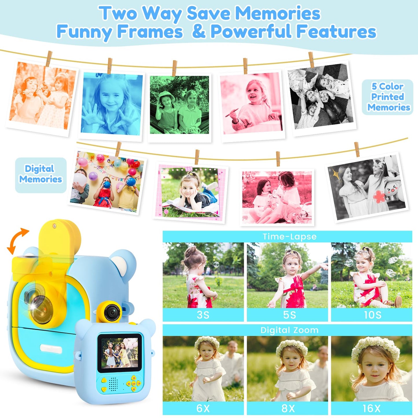 Kids Camera Instant Print, 7 Print Paper (4 Color: O/R/G/B+3 B&W), 2.4" Screen Instant Camera for Kids Ages 3-12,1080P, 180°Flip Lens,32GB Card