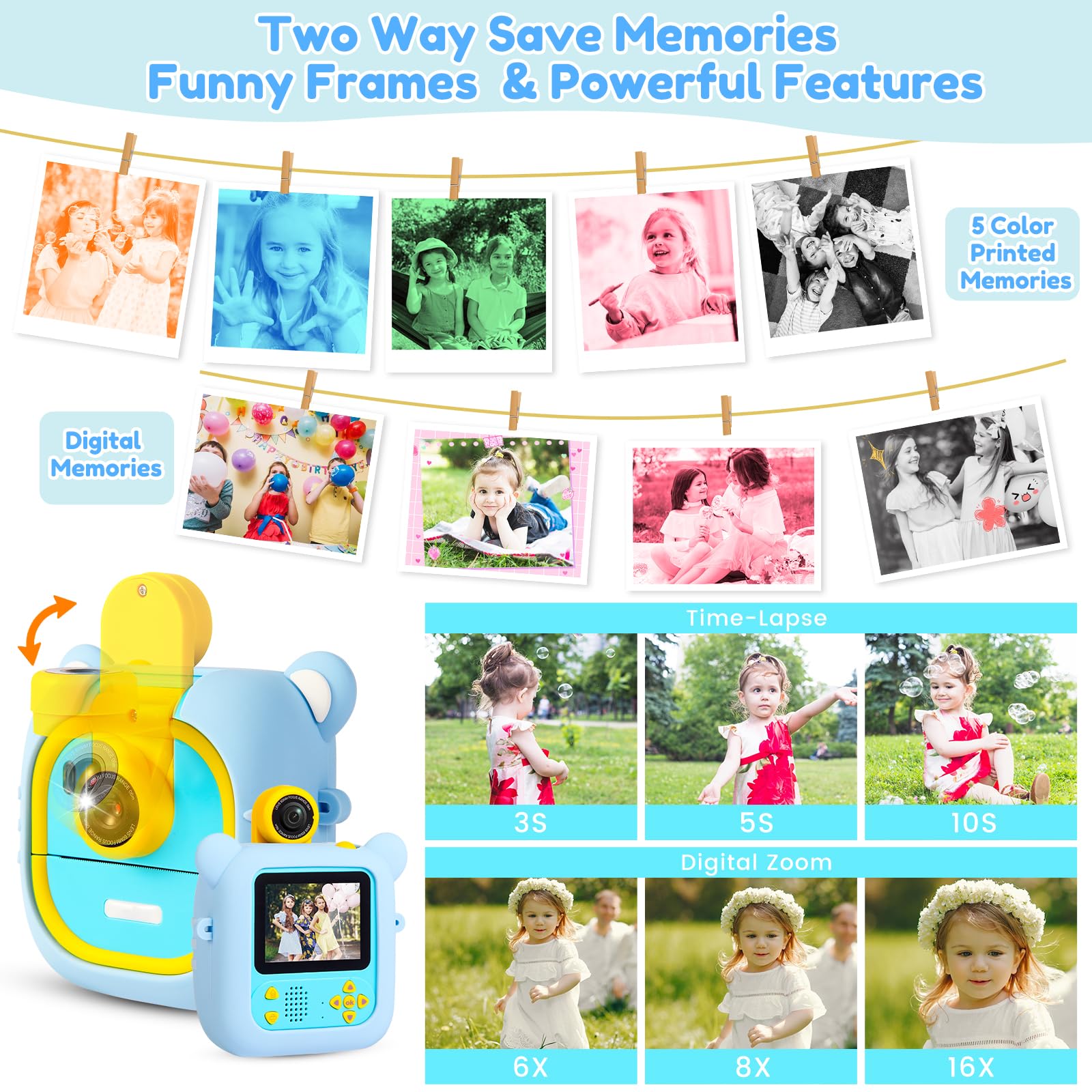 Kids Camera Instant Print, 7 Print Paper (4 Color: O/R/G/B+3 B&W), 2.4" Screen Instant Camera for Kids Ages 3-12,1080P, 180°Flip Lens,32GB Card